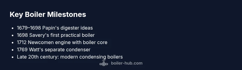Infographic showing boiler milestones from Papin to modern condensing boilers