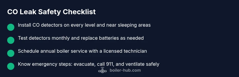 Checklist infographic showing CO safety steps for boiler leaks
