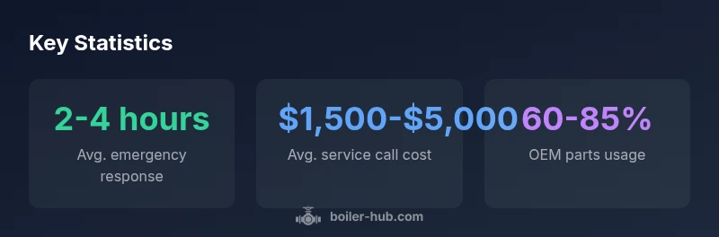 Stats infographic showing response time, cost, and OEM parts usage for commercial boiler repairs
