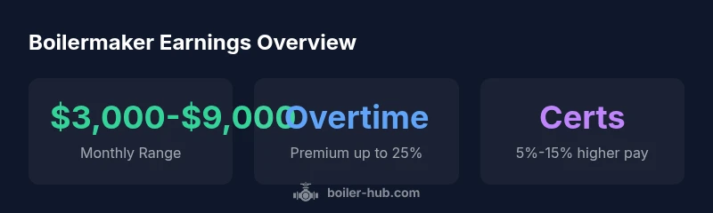 Infographic showing boilermaker monthly earnings ranges, overtime premium, and certification impact