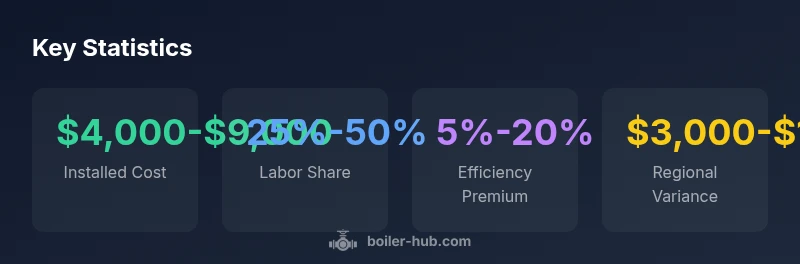 Infographic showing cost ranges for boiler replacement, labor shares, efficiency premium, and regional variance