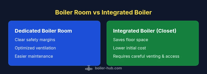 Comparison infographic showing dedicated boiler room vs integrated boiler in closet
