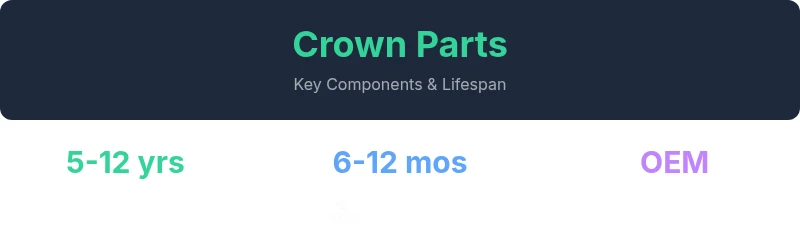 Stat panel showing Crown boiler parts lifespan, maintenance window, and OEM preference