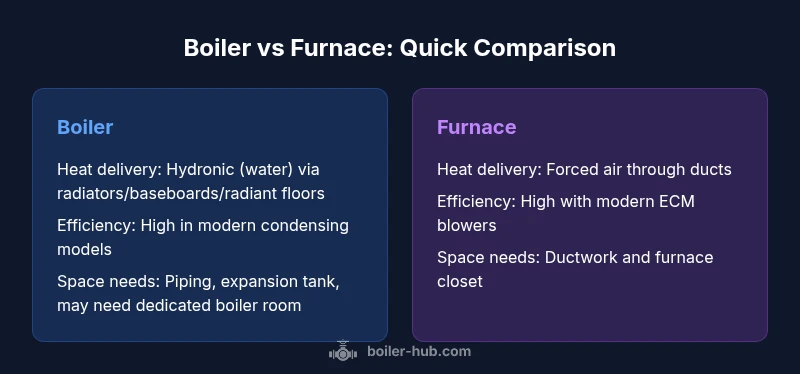 Infographic comparing boiler and furnace heat delivery, efficiency, and space needs